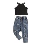Girls Cotton Solid Slim Fit T-shirt and Jeans Set