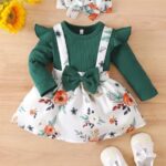 Digital Printed Floral Stretchable Green 2pc Dungaree Dress