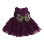 Hopscotch Girls Knee Length Polyester Bow Applique Sleeveless Party Dress in Violet Color