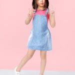 Naughty Ninos Girls Blue Solid Pinafore Denim Dress with T-Shirt