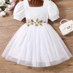 Niren Enterprise Embroidery Flower Belted Square Neck Baby Girl Frock