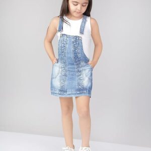 Naughty Ninos Girls Blue Solid Pinafore Denim Dress with T-Shirt