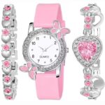 Acnos® Premium White Dial Diamond Pink Analog Watch Love Heart Diamond Bracelet for Girls Pack of 3