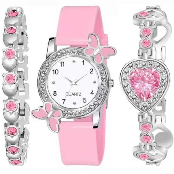 Acnos® Premium White Dial Diamond Pink Analog Watch Love Heart Diamond Bracelet for Girls Pack of 3