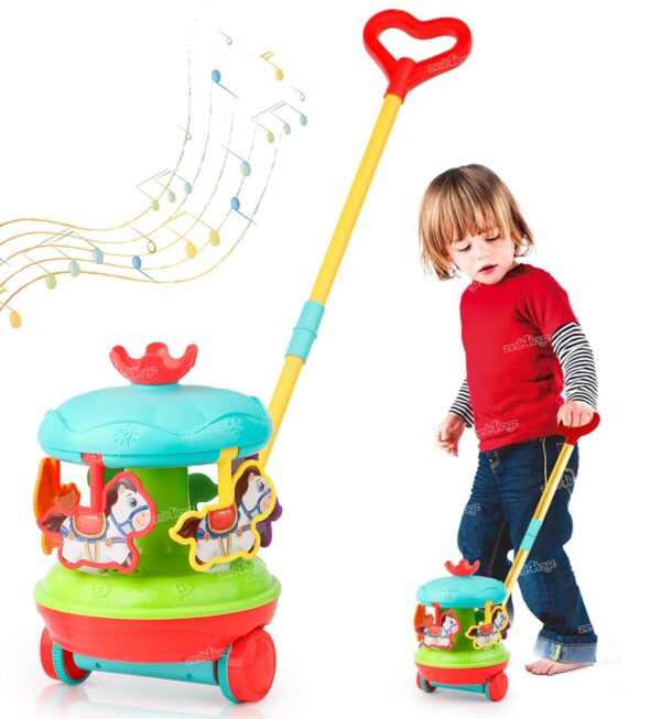 Zest 4 Toyz Pushing Toys for Kids Cord-Powered Push and Pull Along Merry Go Drum with Sound Walking Free Wheel