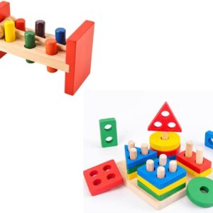 Prime Choice Toys Wooden Hammer Peg and Geometric Column Combo
