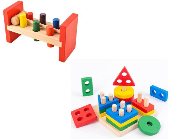 Prime Choice Toys Wooden Hammer Peg and Geometric Column Combo