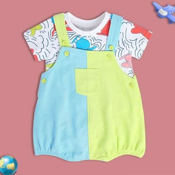Round Neck Short Sleeve Knitted Cotton Dungaree Set