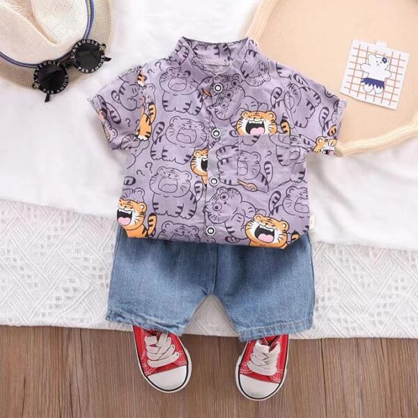 Cartoon Print Boys Shirt and Denim Shorts