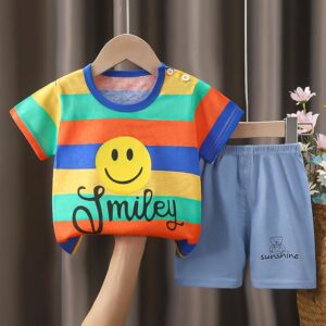 Cartoon Stripe Print Cotton Cute Half Sleeve T-shirt and Shorts