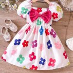 Girls Floral Print Bow Front Puff Sleeve Dress
