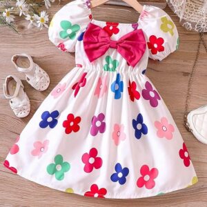Girls Floral Print Bow Front Puff Sleeve Dress