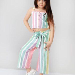 Girls Pink & Yellow Striped Top with Palazzos Set