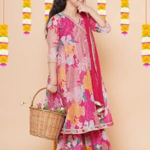 Girls Rayon Fabric Floral Printed 3/4 Sleeve Sharara Dress Set