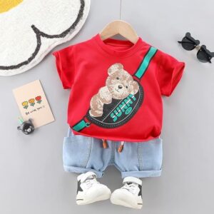 Googo Gaaga Boy's Cotton Printed T-shirt with Denim Shorts Set