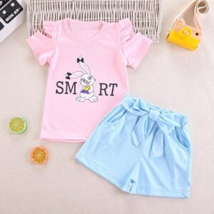 Rabbit Bunny Print Cold Shoulder T-Shirt Top & Shorts