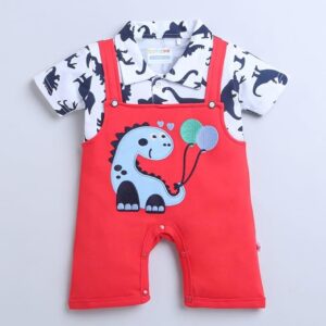 Red & White Boys Half Sleeves Thigh Length Romper