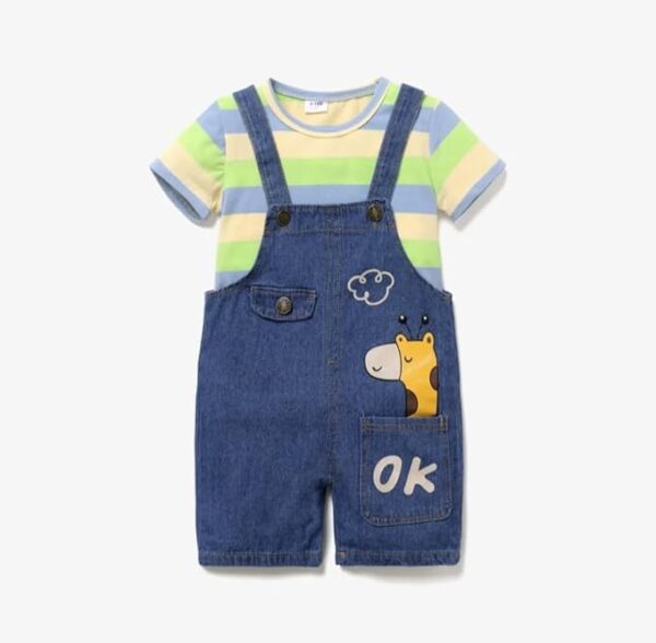 Striped Tee and Cartoon Print Denim Overalls Shorts
