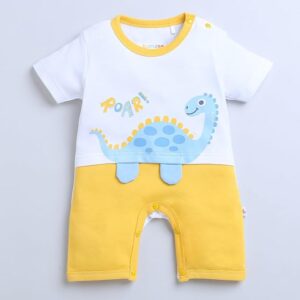 White & Yellow Boys Half Sleeves Thigh Length Romper