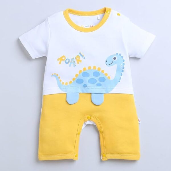 White & Yellow Boys Half Sleeves Thigh Length Romper