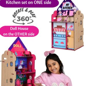 FunBrigade 2-in-1 Big Wooden Doll House and Kitchen Set