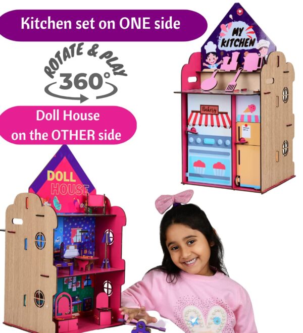 FunBrigade 2-in-1 Big Wooden Doll House and Kitchen Set