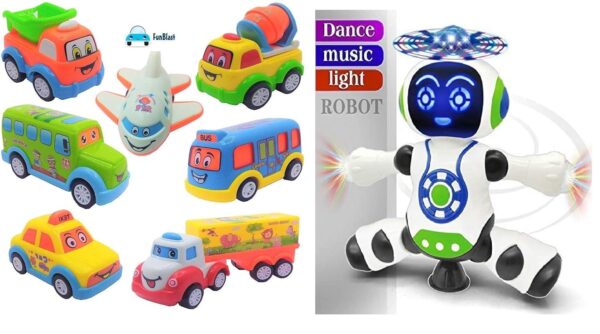 FunBlast Dancing Robot with Music & Set of 7 Push and Go Crawling Toy - Multicolor