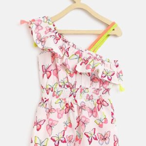 Kids-Girls White Pink Printed Jumpsuit