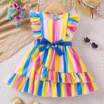 Multicolor Stripes Printed Cap Sleeve Baby Girl Frock