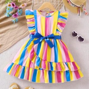 Multicolor Stripes Printed Cap Sleeve Baby Girl Frock