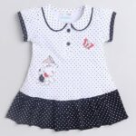 White & Navy Girls Cap Sleeves Cotton Frock