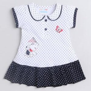 White & Navy Girls Cap Sleeves Cotton Frock