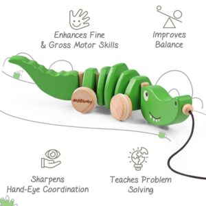 Intellibaby Premium Wooden Pull Along Crocodile Toy