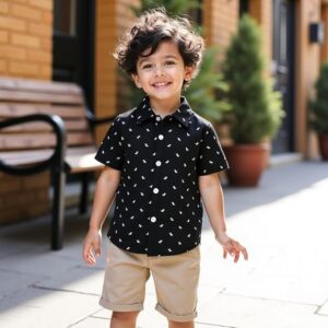 Blue Gingham Shirt with Khaki Shorts