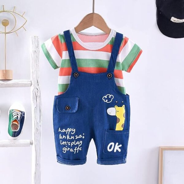 Classy Stripe T-Shirt with Carton Printed Denim Bibshorts