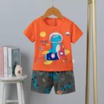 Dinosaur Print Cotton Tshirt and Plaid Shorts Set