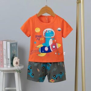 Dinosaur Print Cotton Tshirt and Plaid Shorts Set