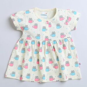 Cream Girls Half Sleeves Cotton Frock