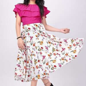 Girl's Ruffle Neck Printed Midi Length Dresses