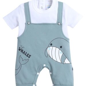 Green & White Boys Half Sleeves Thigh Length Romper