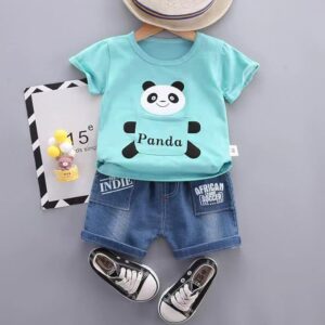 Panda Print Cotton Lycra Half Sleeve T-shirt & Denim Shorts