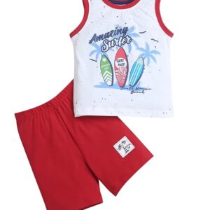 Red & White Boys Sleeveless T-Shirt & Short Set