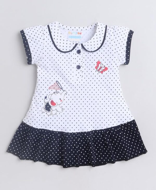 White & Navy Girls Cap Sleeves Cotton Frock