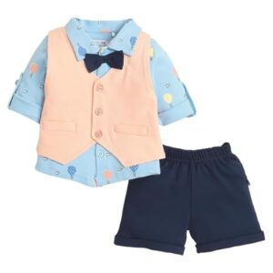 Cotton Shirt Waistcoat & Short Set With Applique Bow