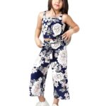 Girls Navy Blue & White Printed Top with Palazzos