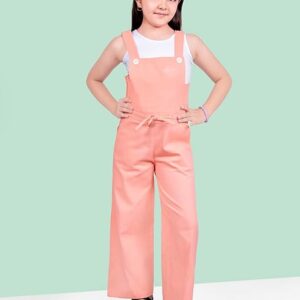 Girls Pink Solid Dungaree Pant With T-Shirt