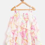 Girls White Pink Printed A-Line Dress