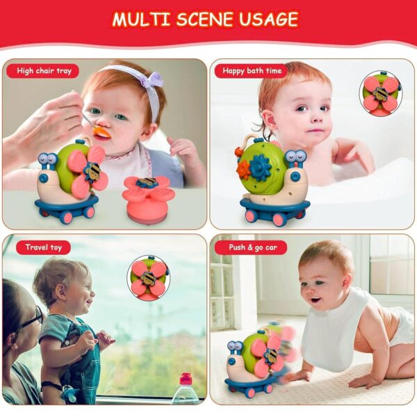 【Multi-Sensory Activity Toy】 4 IN 1: Push and go cars , Suction cup spinner toys for high chair tray , Gear toys and bead maze. Babies are instantly drawn to this colorful cute snail shape toy, Many ways to play , develops motor skills，hours of educational funs. 【Suitable for a variety of scenarios through different combinations】 A cute walking snail car keeps moving , encourages baby to crawl and catch. stick on wall or bathtub and stay well,Happy bathing time.or stick on car window as travel toys, keep baby quiet with playing 【Build Multiple Skills】Tummy time toys,Develops fine motor skills,Improve hand eye coordination.Strengthen baby's hand muscles,color recognition, cause and effect 【Safe Materials】: It is made of high-quality, safe and non-toxic materials, which can be safely played by babies. With the soft edge injection molding process. 【Best gift】this is a very cute and interesting baby toy gift, very suitable as a birthday gift, Easter gift, Christmas gift, don’t miss anything for your baby Surprise opportunity.